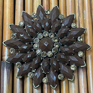 FANCY BROWN RHINESTONE GOLD CRYSTALS CARNATION FLOWER FANCY HUGE 3" BELT BUCKLE
